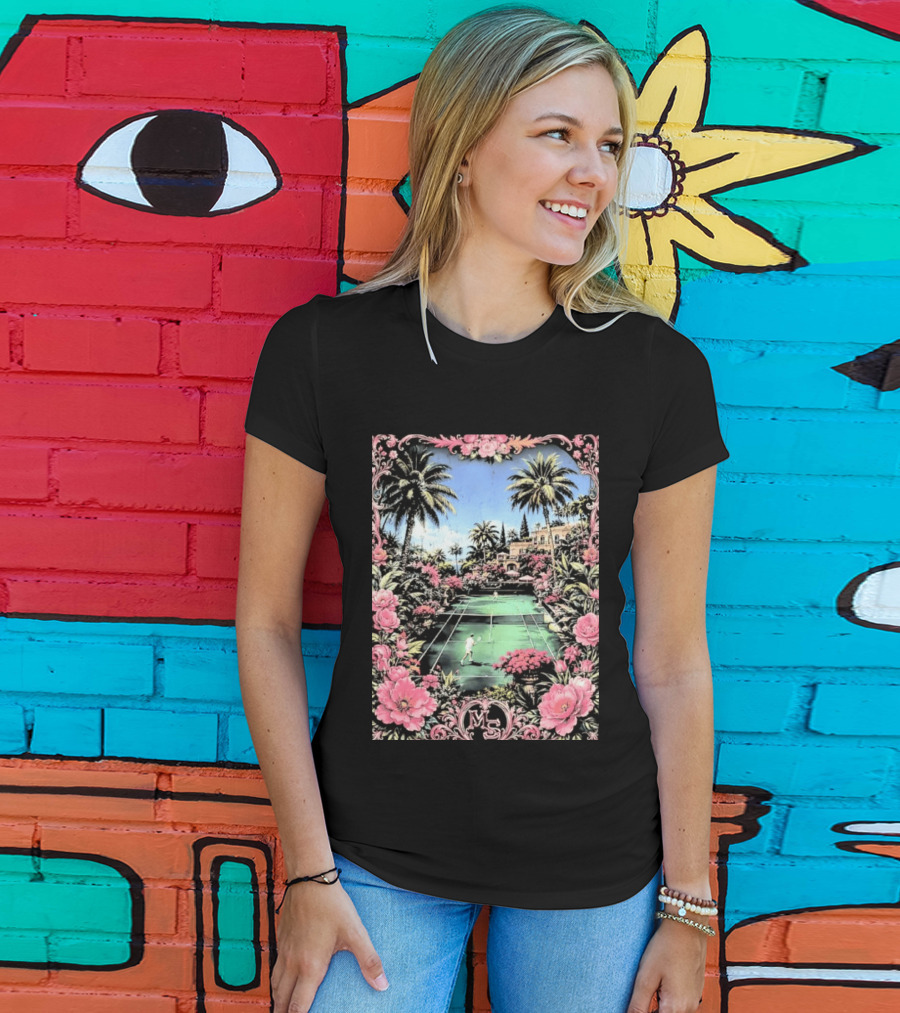 Tennis Players On Mansion Court MS Initials With Pink Floral Frame T-Shirt