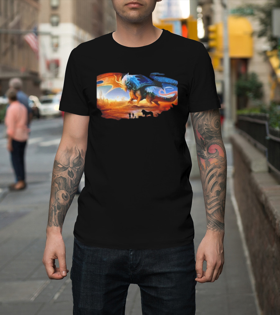 Giant Dragon In Radiant Golden Light With Blue And Orange Wings T-Shirt