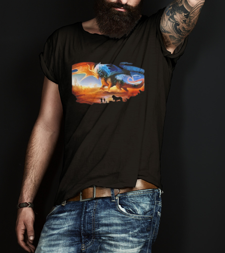 Giant Dragon In Radiant Golden Light With Blue And Orange Wings T-Shirt