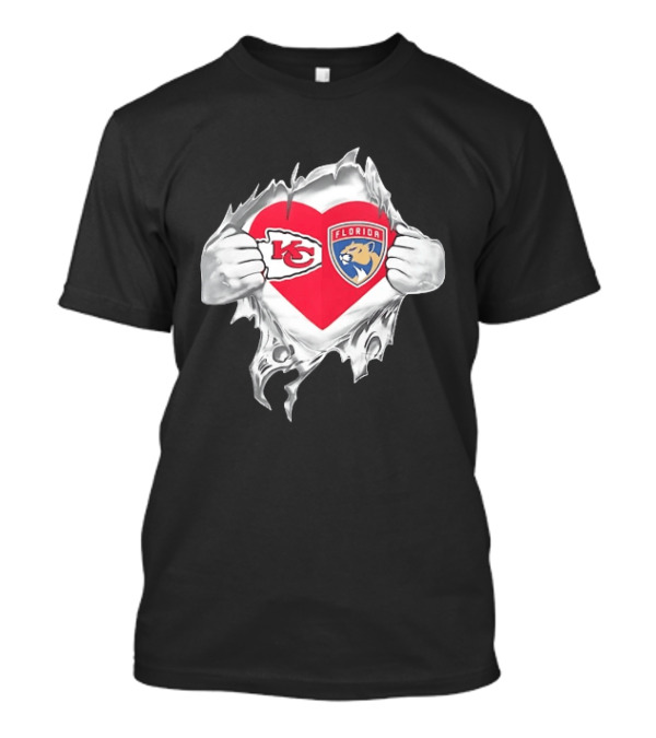 KC Chiefs Florida Panthers Heart Ripped Chest Kansas City NFL Florida NHL Fans T-Shirt