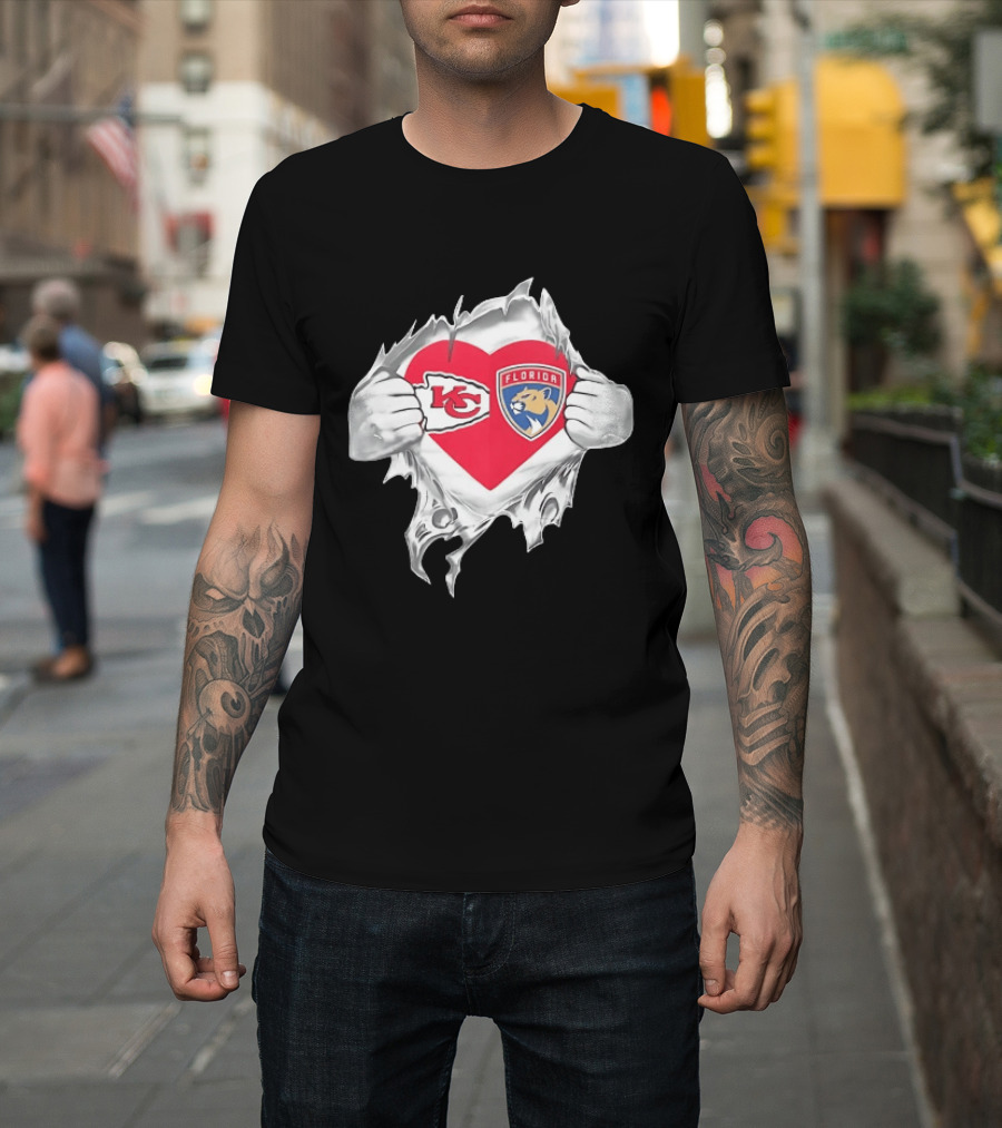 KC Chiefs Florida Panthers Heart Ripped Chest Kansas City NFL Florida NHL Fans T-Shirt