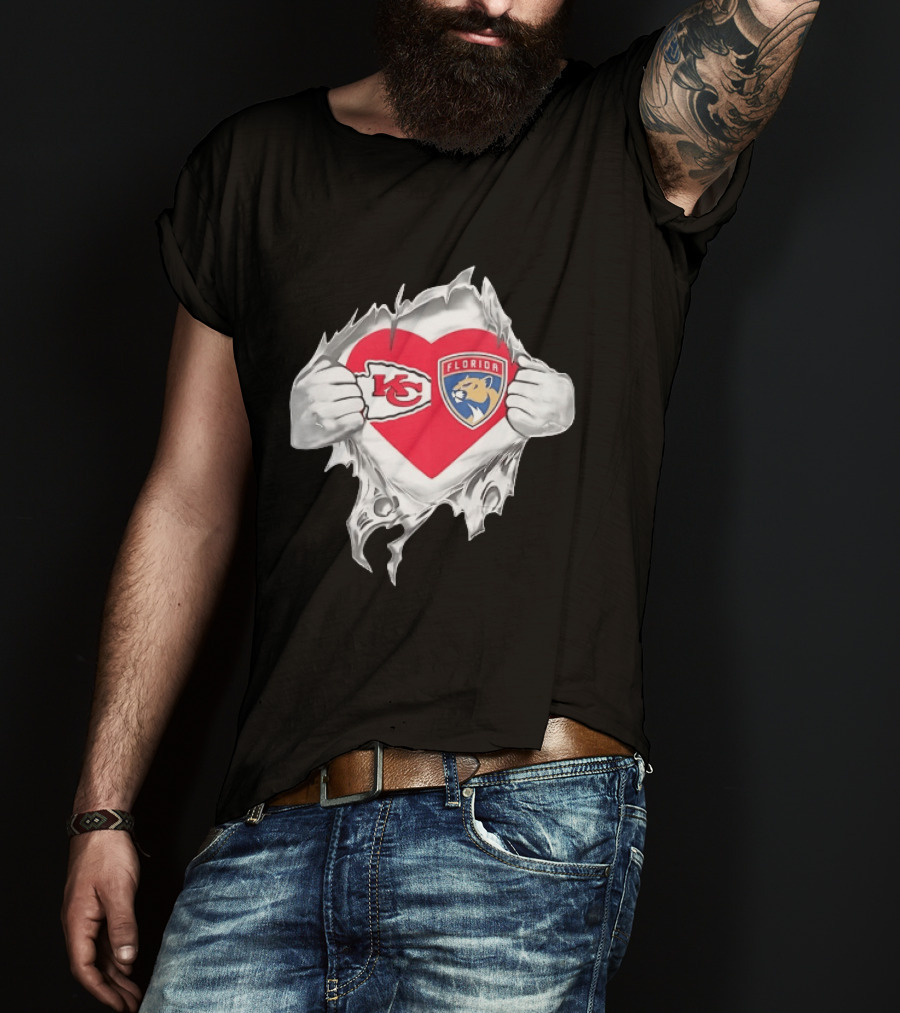 KC Chiefs Florida Panthers Heart Ripped Chest Kansas City NFL Florida NHL Fans T-Shirt