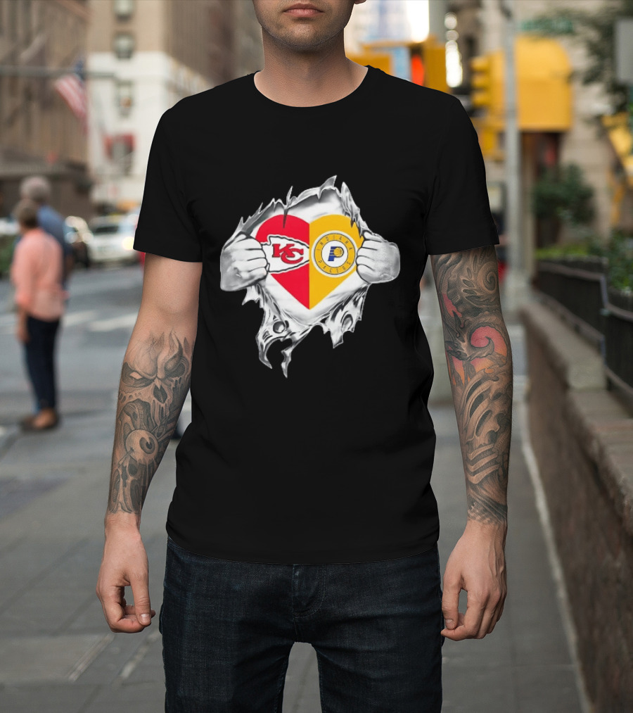 Kansas City Chiefs Indiana Pacers Heart Torn Open T-Shirt