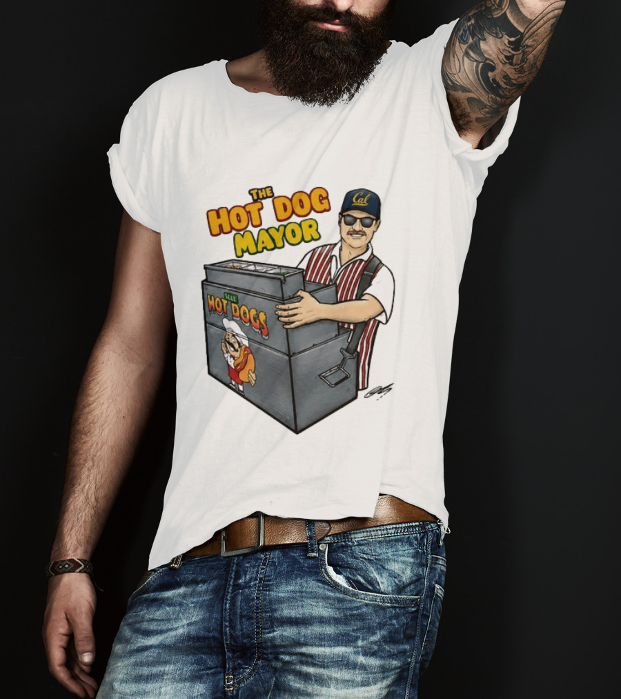 The Hot Dog Mayor Vendor With Cal Hat And Hot Dogs Cart T-Shirt