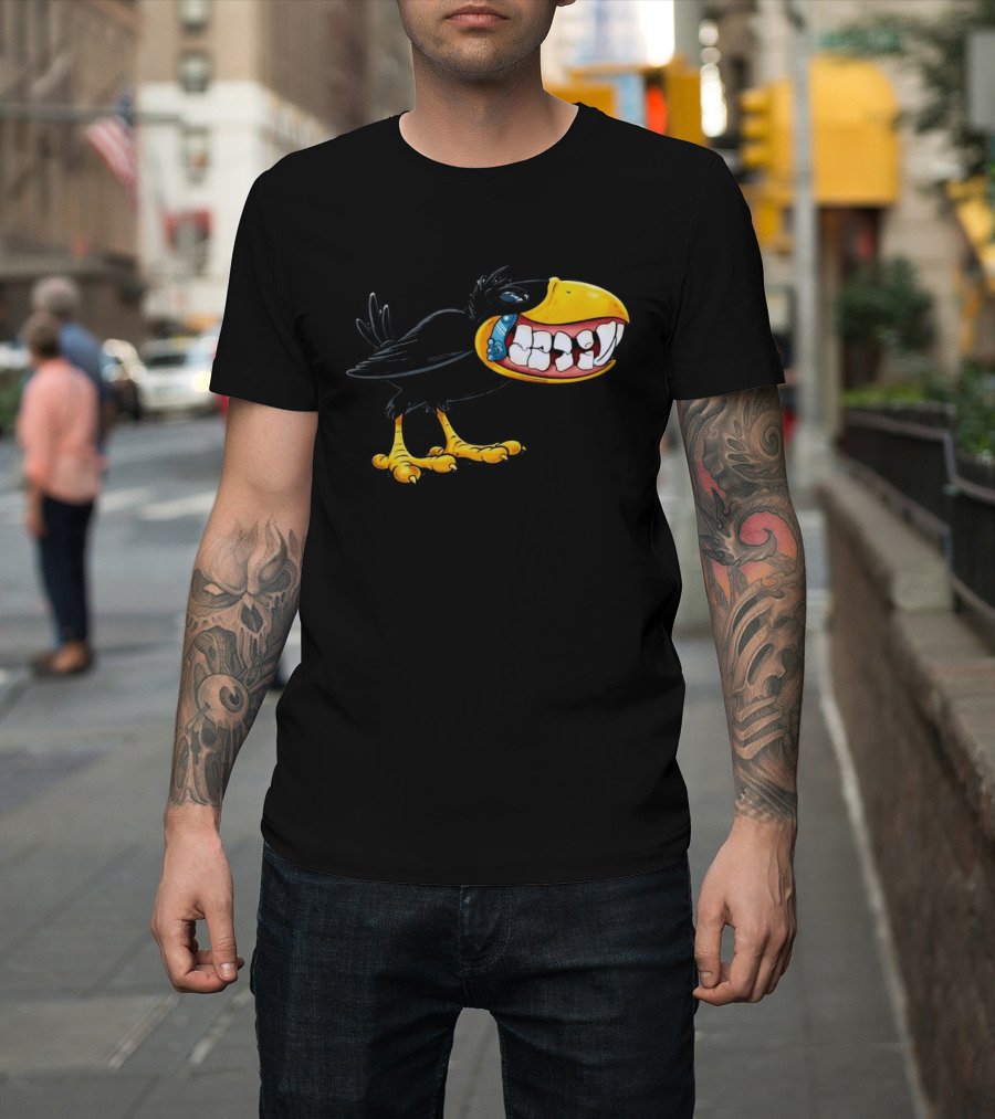 Crow With Huge Teeth Cartoon Blue Phone Green T-Shirt