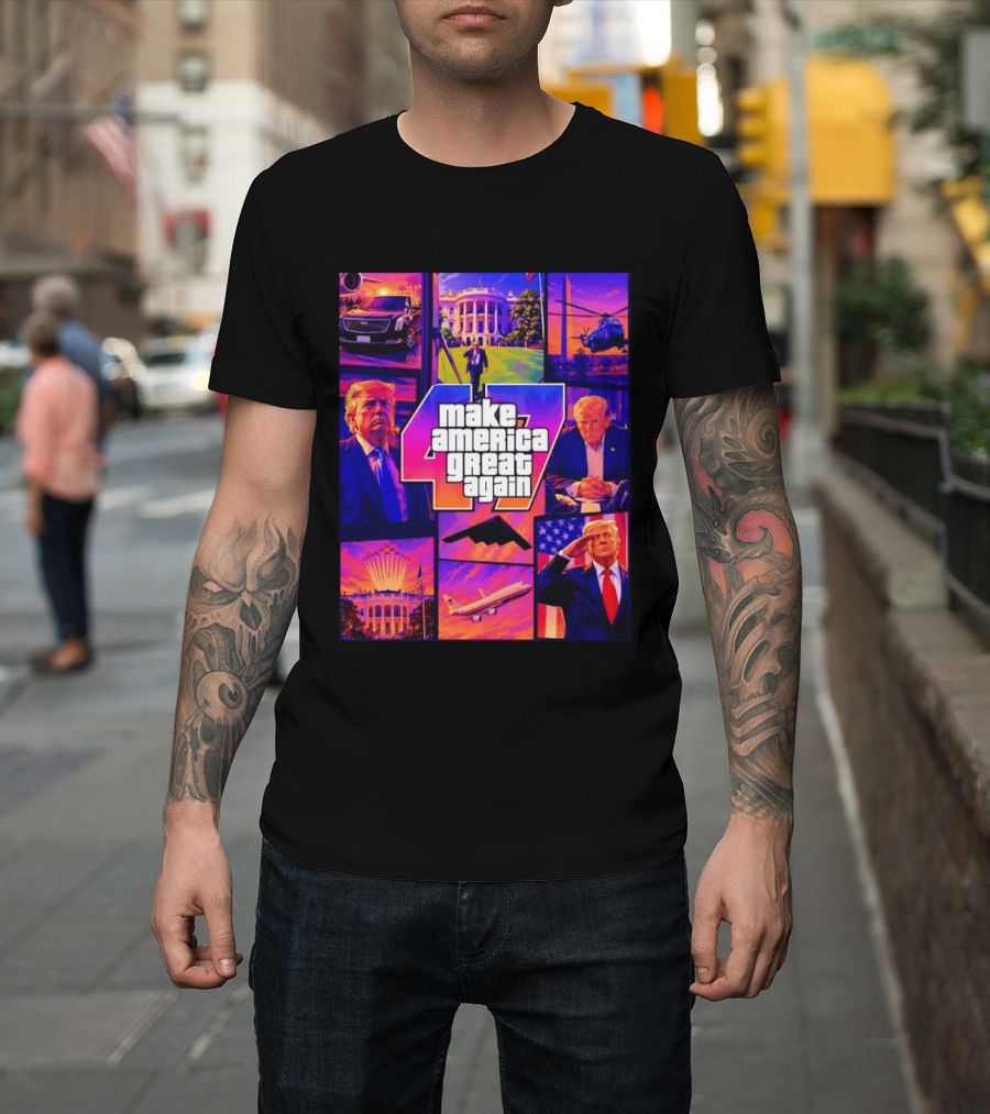 Make America Great Again GTA 47 Parody Trump White House Military Aircraft Montage T-Shirt