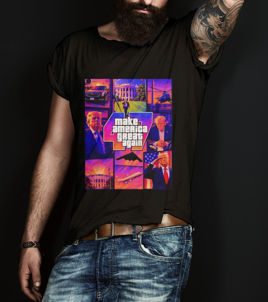 Make America Great Again GTA 47 Parody Trump White House Military Aircraft Montage T-Shirt