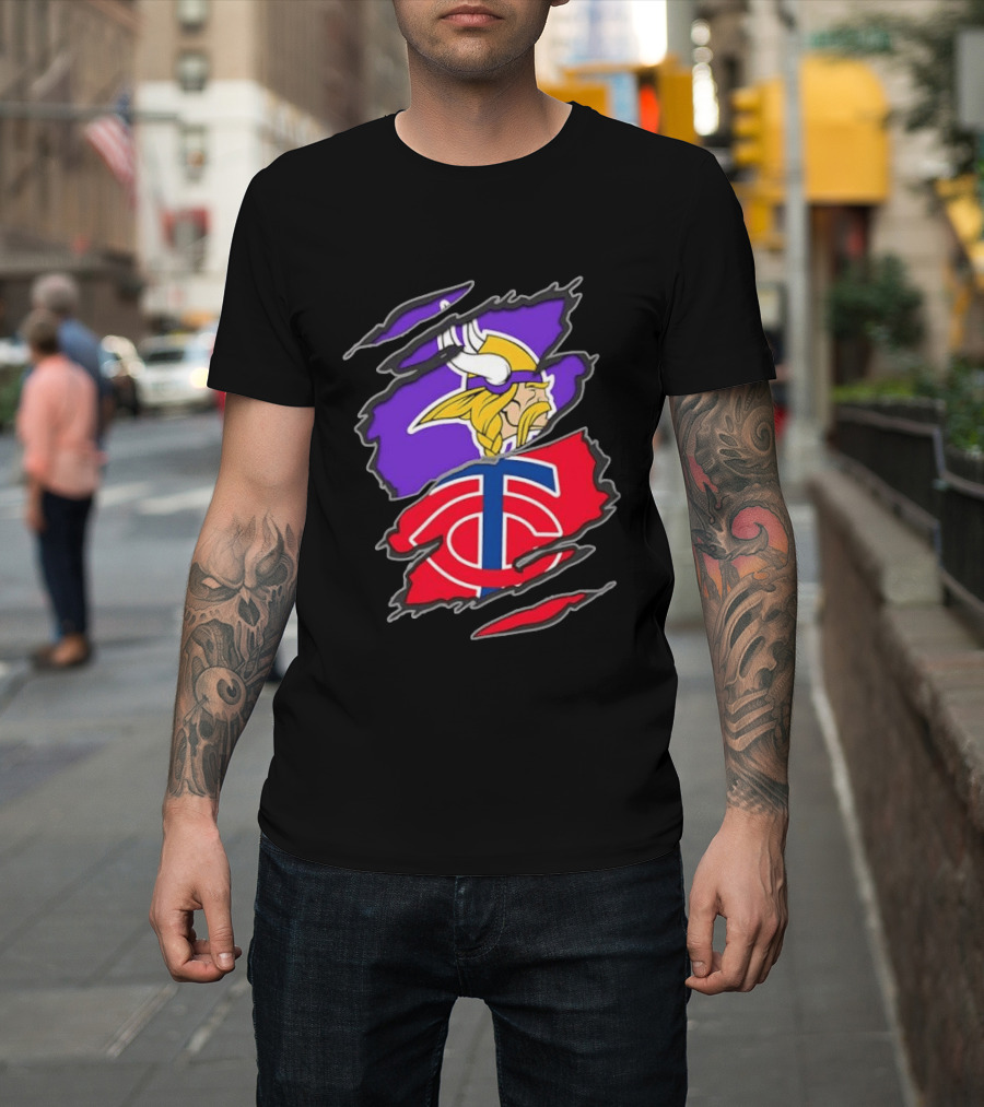 Minnesota Vikings Minnesota Twins Iconic Team Collaboration Ripped T-Shirt