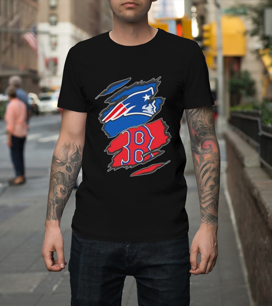 Patriots Red Sox Ripped Design New England Boston Sports Fan T-Shirt