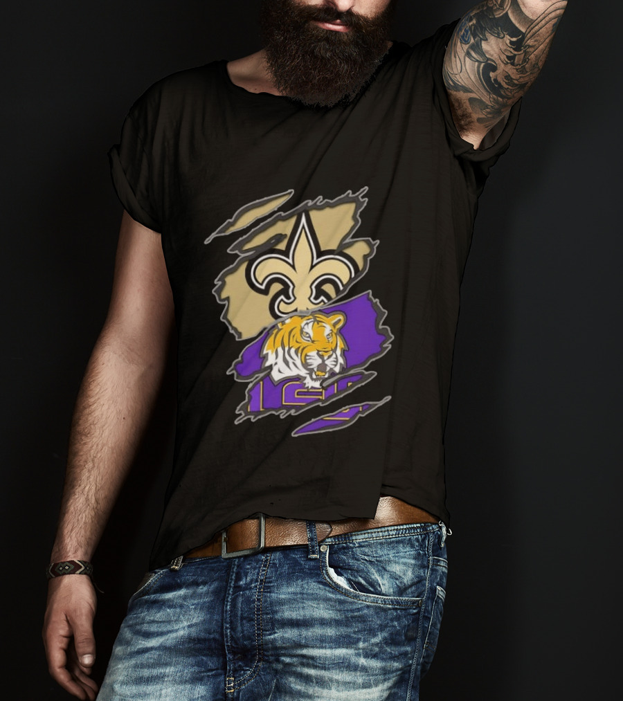 New Orleans Saints LSU Tigers Football Louisiana Logos Ripped T-Shirt
