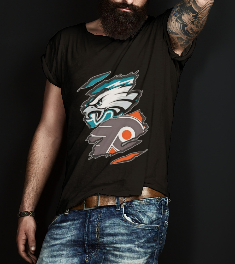 Philadelphia Eagles And Philadelphia Flyers Ripped Tear Sports Team T-Shirt