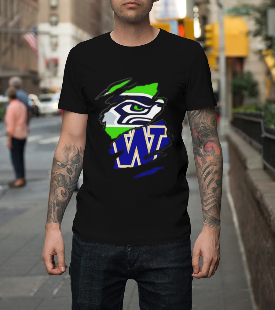 Seattle Seahawks Washington Huskies Ripped Through Logos T-Shirt