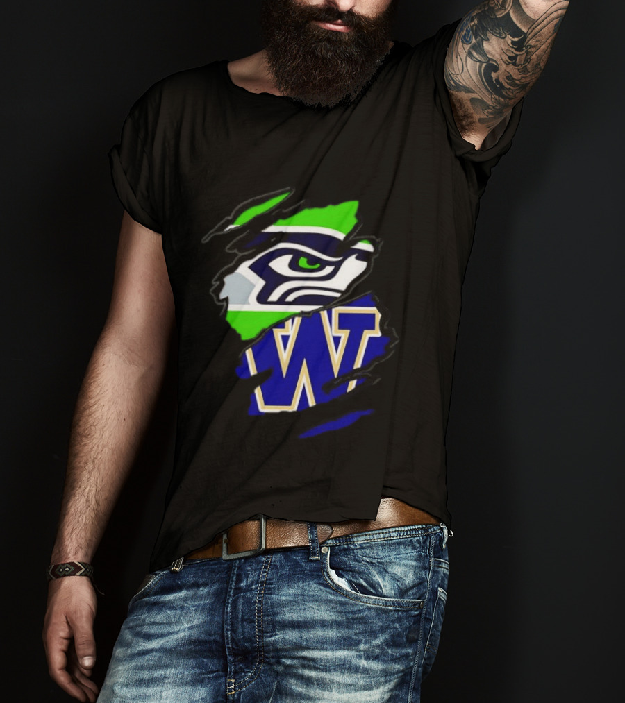 Seattle Seahawks Washington Huskies Ripped Through Logos T-Shirt