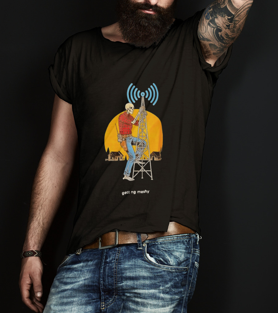 Skeleton Climbing Tower With Radio Waves Retro Scene T-Shirt