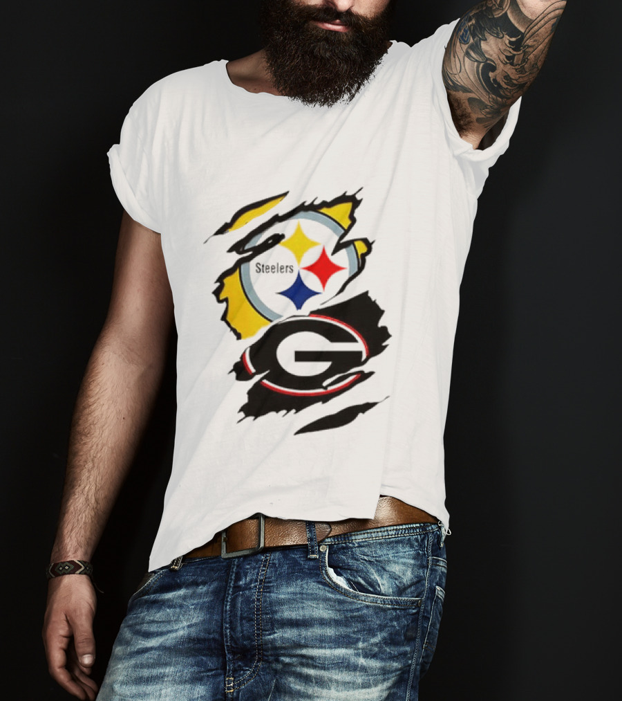 Pittsburgh Steelers Georgia Bulldogs NCAA Football Ripped Torn Effect T-Shirt