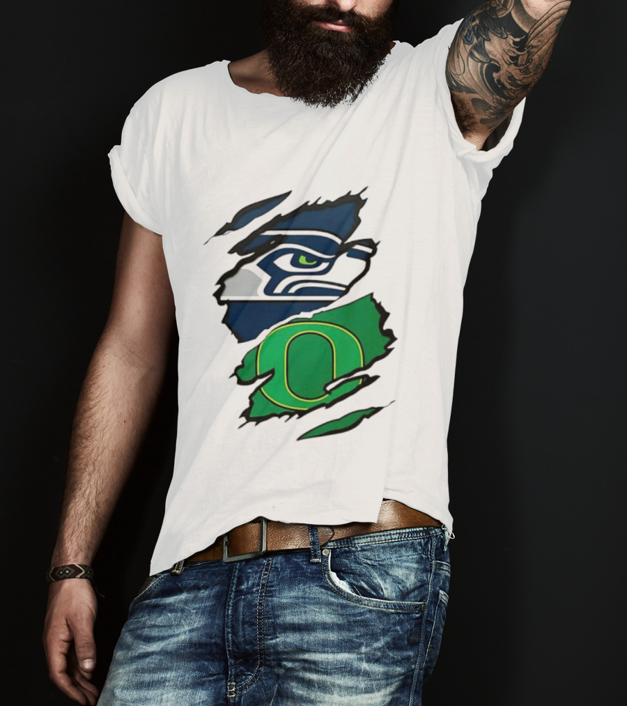 Seattle Seahawks Oregon Ducks Ripped Skin Effect NFL College Team Spirit T-Shirt