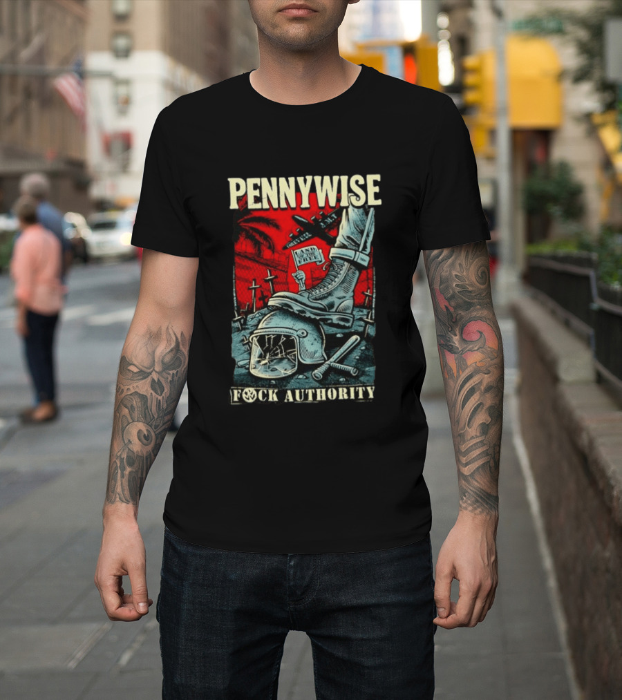 Pennywise Fock Authority Land Of The Free Forever Dystopian Punk Imagery With Boot And Helmet T-Shirt