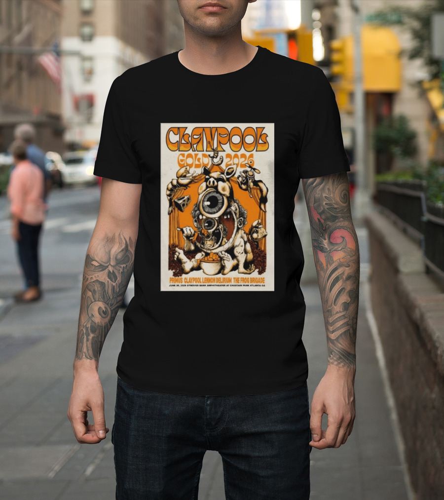 Les Claypool Gold 2026 Primus Delirium Frog Brigade June 20 Synovus Bank Amphitheater Atlanta T-Shirt