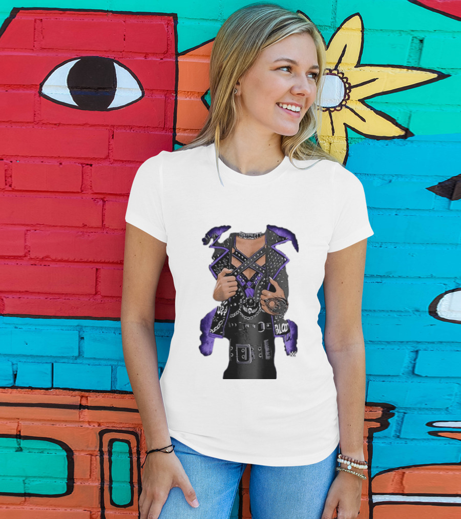 WWE Rhea Ripley Leather Jacket Chains Studs Purple Black Gear T-Shirt