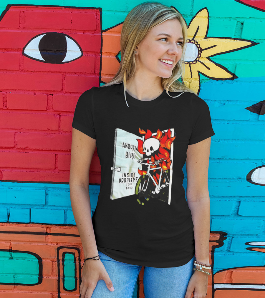 Andrew Bird Inside Problems Tour 2023 Flaming Skeleton On Bicycle T-Shirt