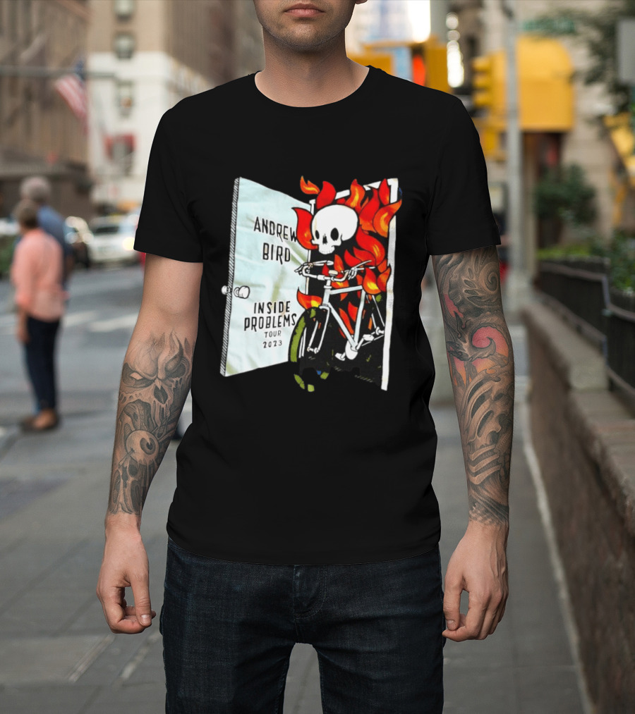 Andrew Bird Inside Problems Tour 2023 Flaming Skeleton On Bicycle T-Shirt