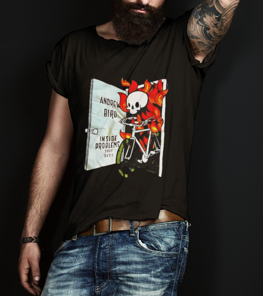 Andrew Bird Inside Problems Tour 2023 Flaming Skeleton On Bicycle T-Shirt
