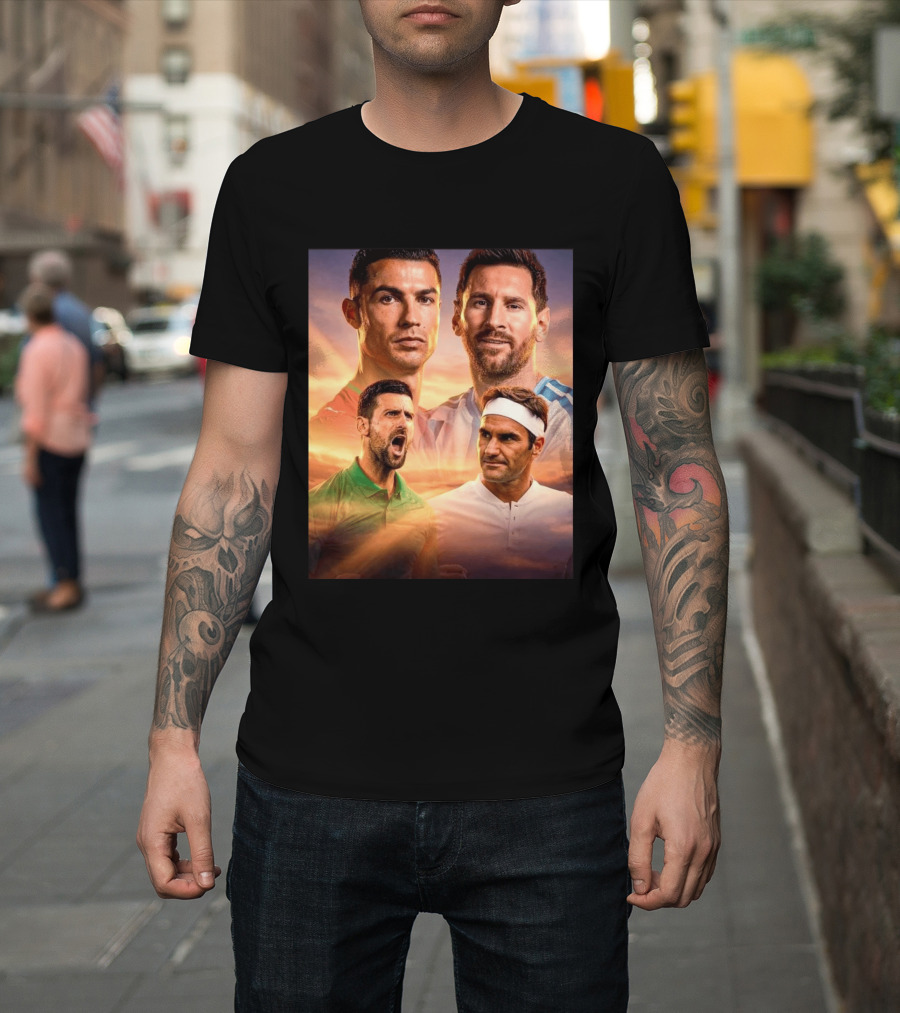Cristiano Ronaldo Lionel Messi Novak Djokovic Roger Federer GOAT Sports Legends Celebrating Iconic Athletes T-Shirt