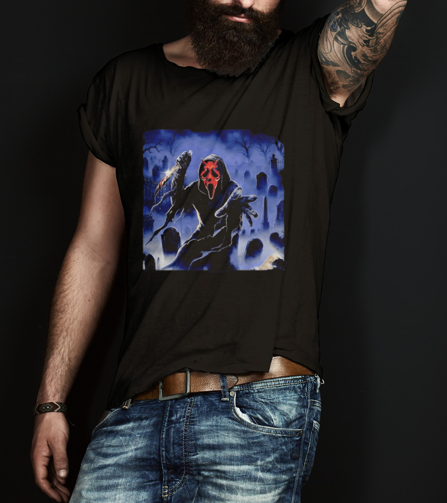 Ghostface Scream Devil Mask With Knife In Cemetery T-Shirt