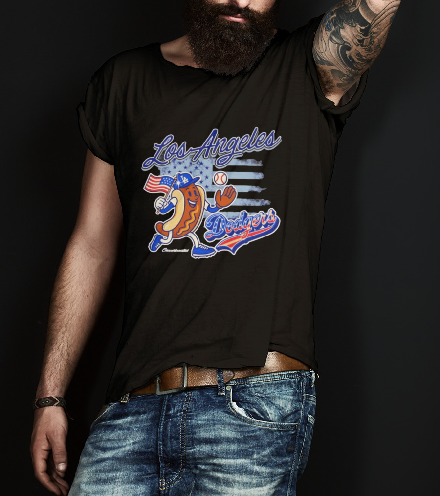 Los Angeles Dodgers Hot Dog Baseball American Flag Stars T-Shirt