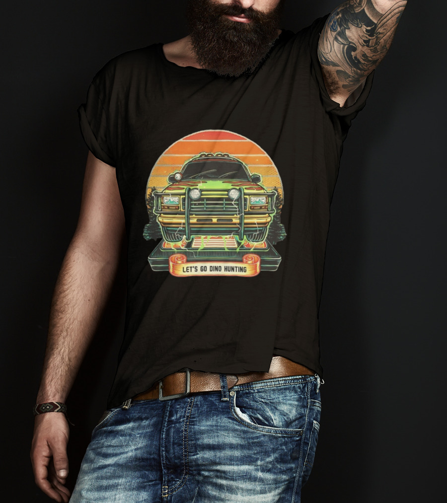 Jurassic Park Let's Go Dino Hunting Adventure Off Road Vehicle Sunset Scene T-Shirt