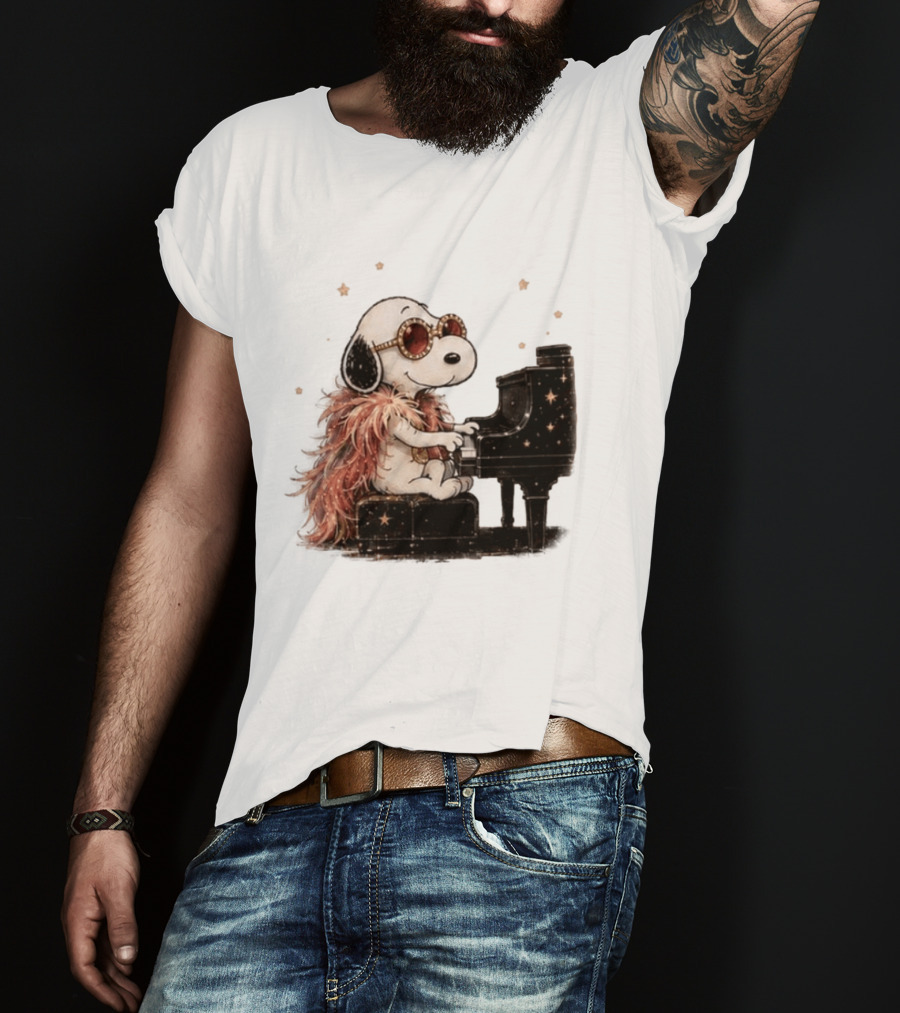 Snoopy Elton John Playing Piano Under Starry Nights T-Shirt