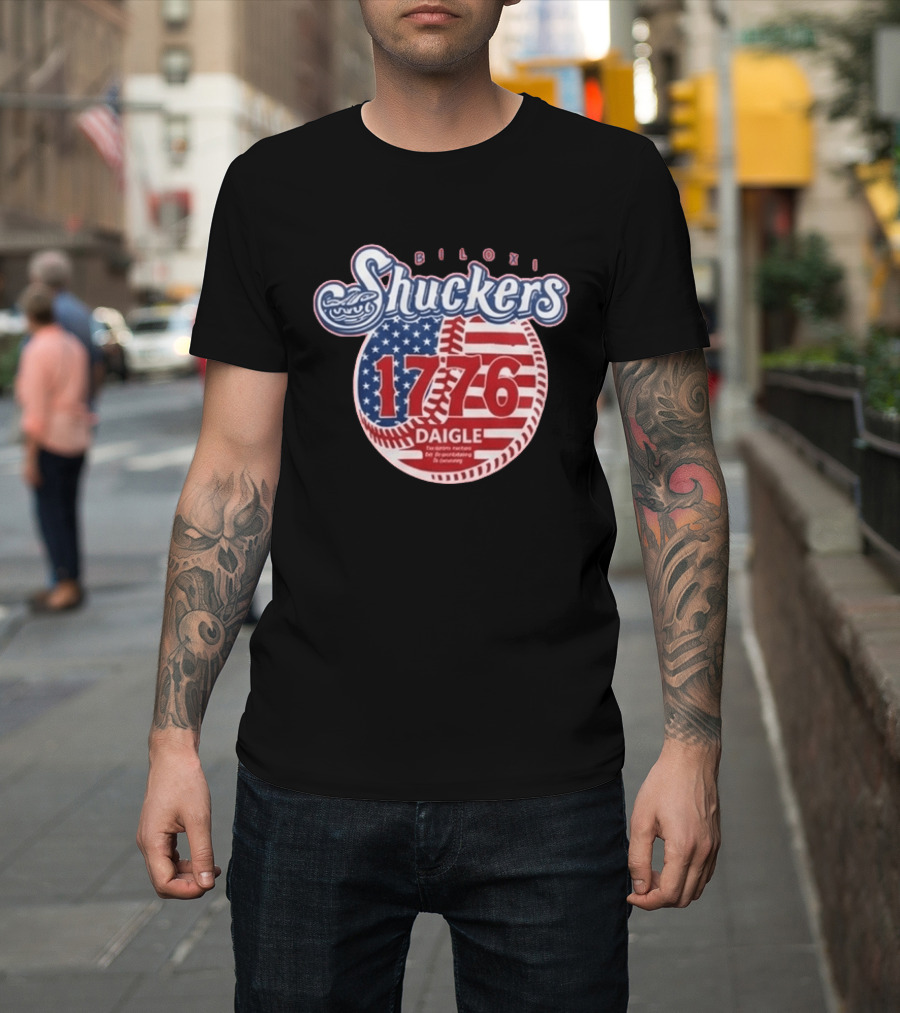 Biloxi Shuckers 1776 American Flag Baseball Daigle Text Stars Stripes T-Shirt