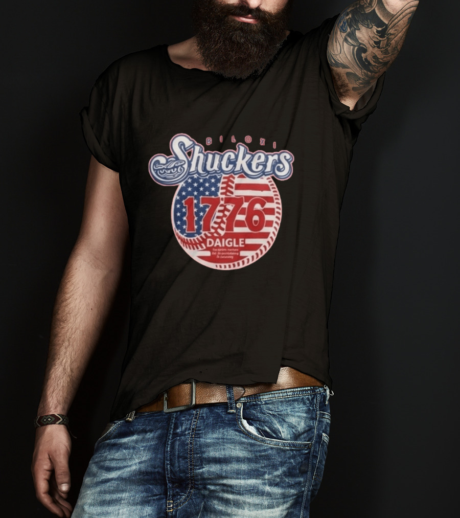 Biloxi Shuckers 1776 American Flag Baseball Daigle Text Stars Stripes T-Shirt