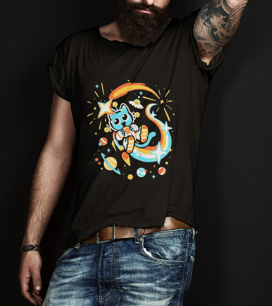 Cosmic Cat Cosmonaut Adventure In Stardust Space With Planets And Shooting Stars T-Shirt