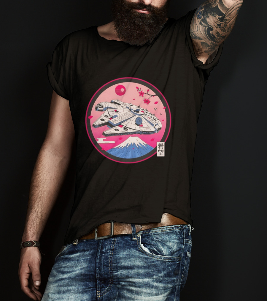 Millennium Falcon Over Fuji Cherry Blossoms Hope Kanji Circle T-Shirt