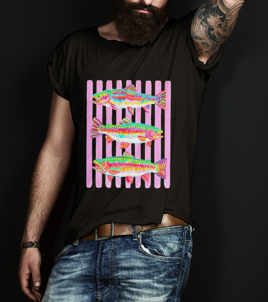 Rainbow Trout Fish Three Swimming Pink Vertical Striped T-Shirt
