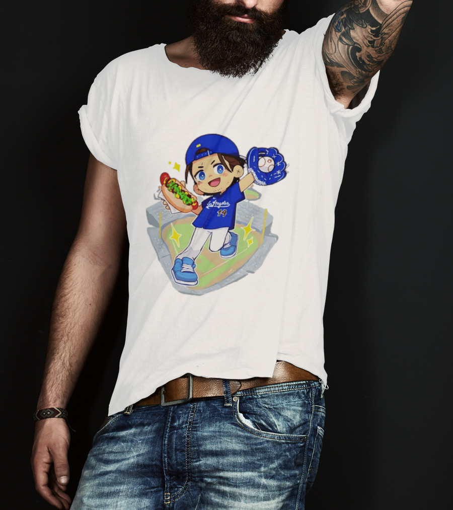 Enrique Hernandez Los Angeles Dodgers 14 Cartoon Style Baseball Glove And Hot Dog T-Shirt