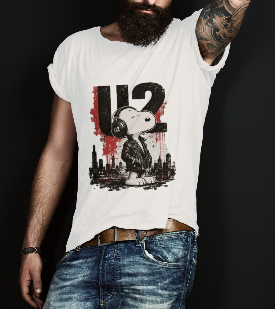 Snoopy U2 On Sky One Dream One Fearless Heart Urban Skyline T-Shirt