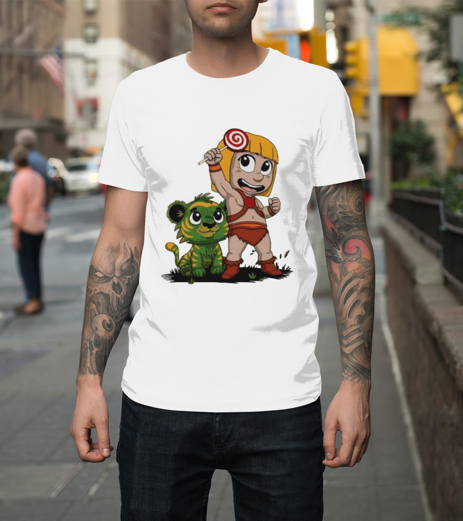 Master Of Kindergarten He Man Chibi With Tiger And Lollipop T-Shirt