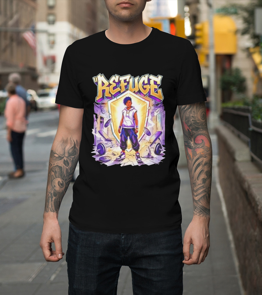 Refuge Strength God Shield Manga Style Weightlifting Motif T-Shirt