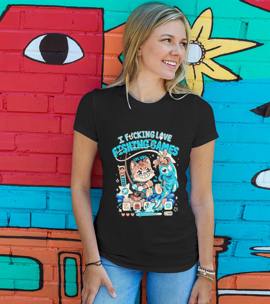 I Fucking Love Fishing Games XP Splash Cute Cat With Fish And Hearts T-Shirt