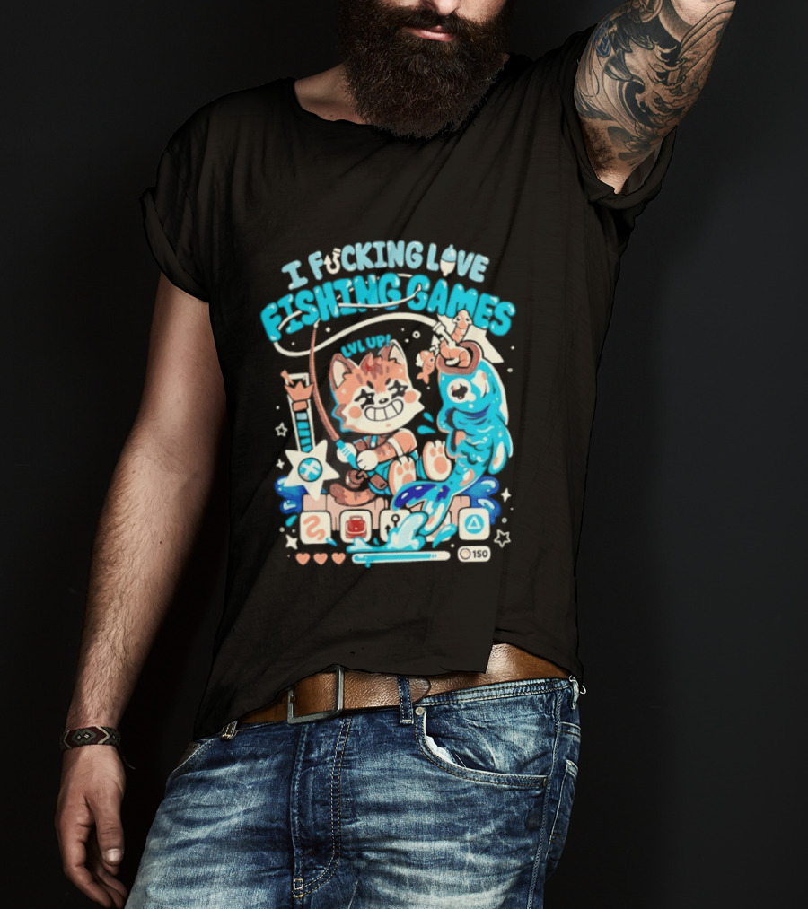 I Fucking Love Fishing Games XP Splash Cute Cat With Fish And Hearts T-Shirt