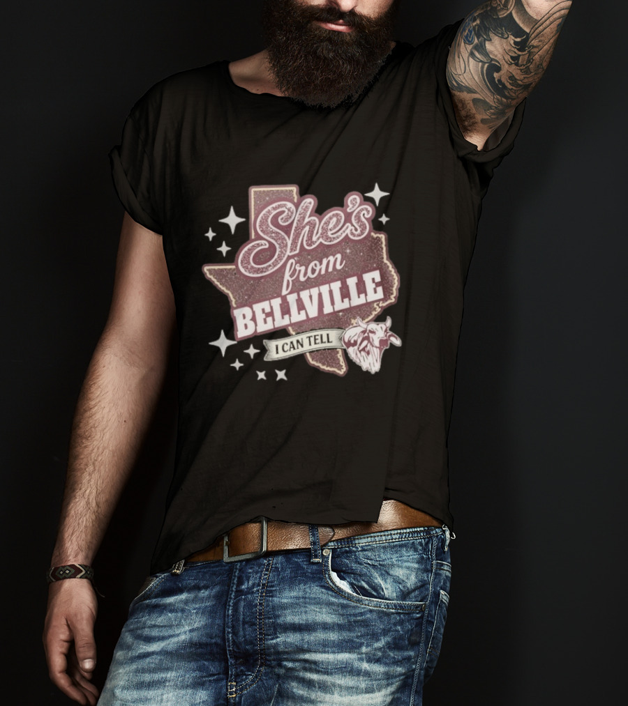 She's From Bellville I Can Tell Texas Map Stars Cowhead T-Shirt