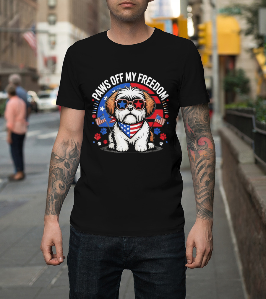 Paws Off My Freedom Shih Tzu American Flag Sunglasses Stars And Stripes T-Shirt