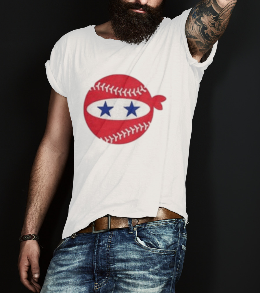Pitching Ninja Baseball Two Blue Stars Red Baseball Stitches T-Shirt