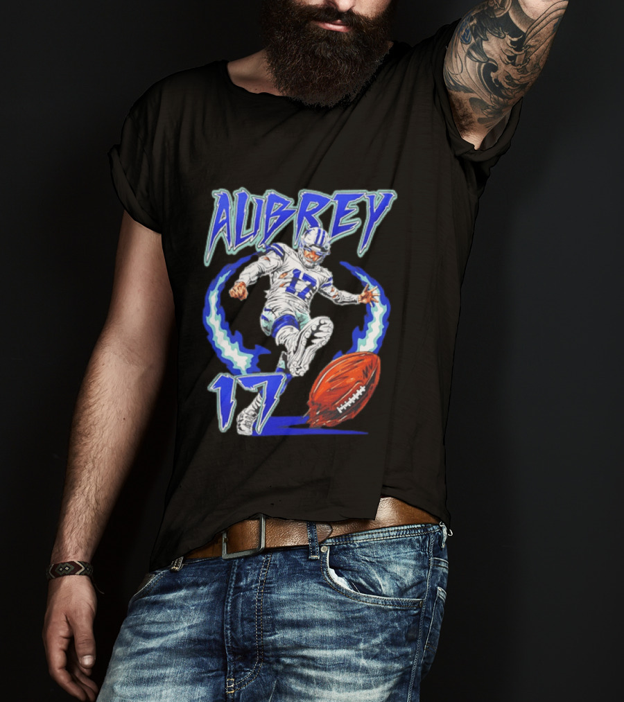 Aubrey 17 Dallas Football Player Kicking With Blue Lightning T-Shirt