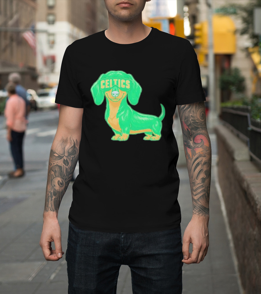 Boston Celtics Dachshund Cartoon Glasses T-Shirt