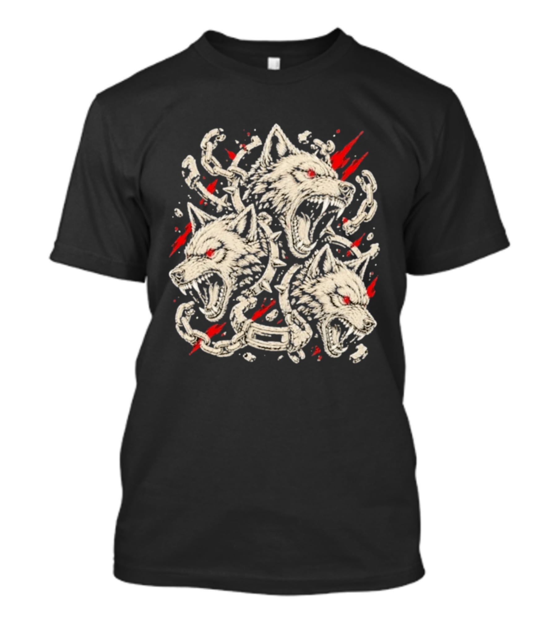Three Headed Wolf Cerberus Mythical Beast Chains And Red Accents T-Shirt