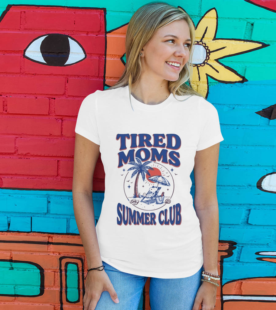 Tired Moms Summer Club Snoopy Beach Relaxation Under Palm Tree T-Shirt