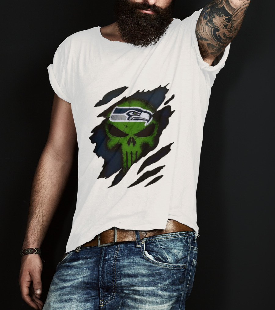 Seattle Seahawks Punisher Skull Ripped Fabric T-Shirt